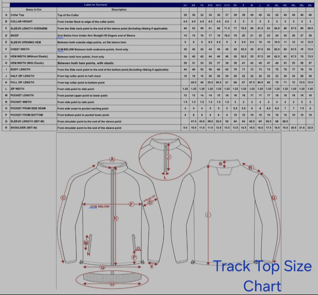 Track Top Sizing Details